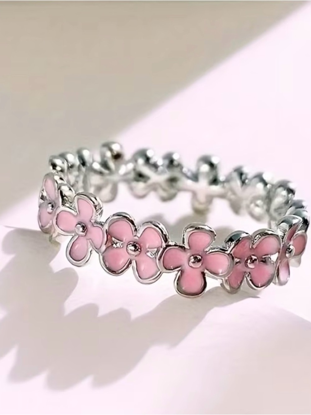 Silver Floral Pink Enamel Ring